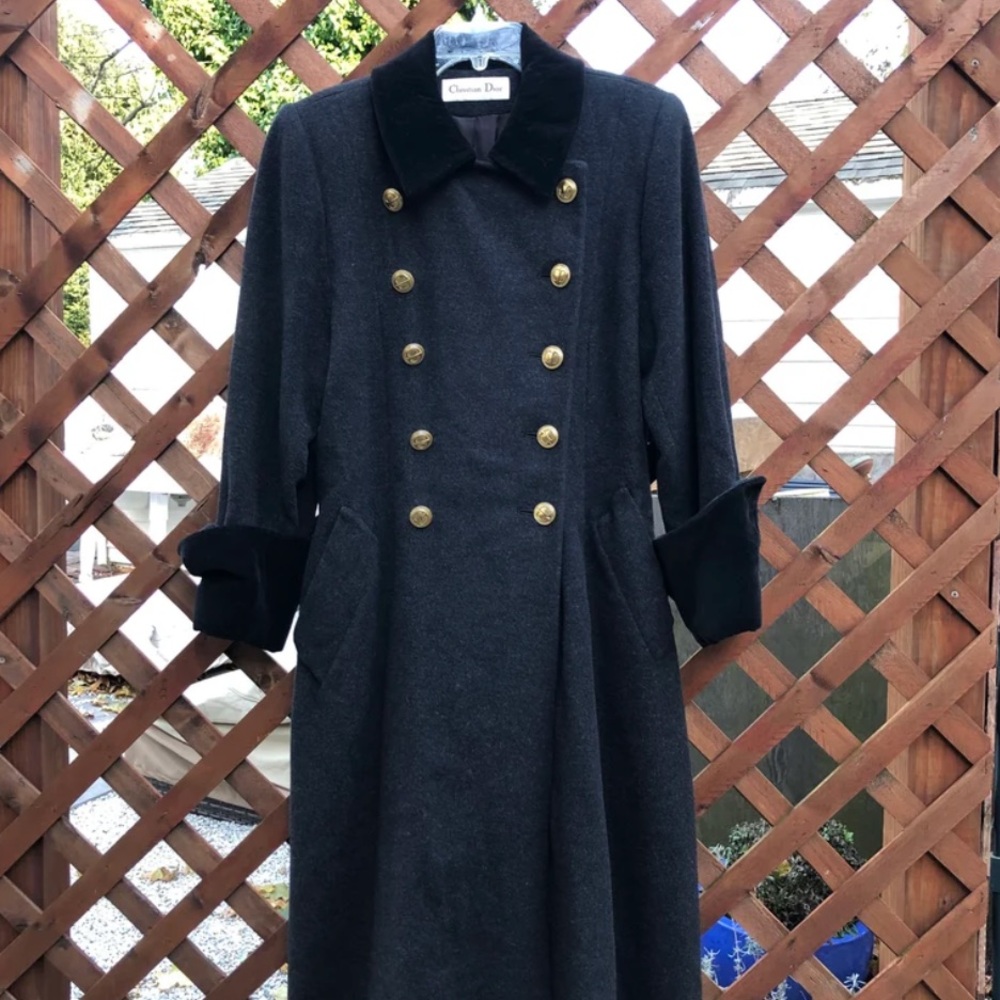 Christia Dior Gray Wool & Velvet Double Breasted Military Style Coat